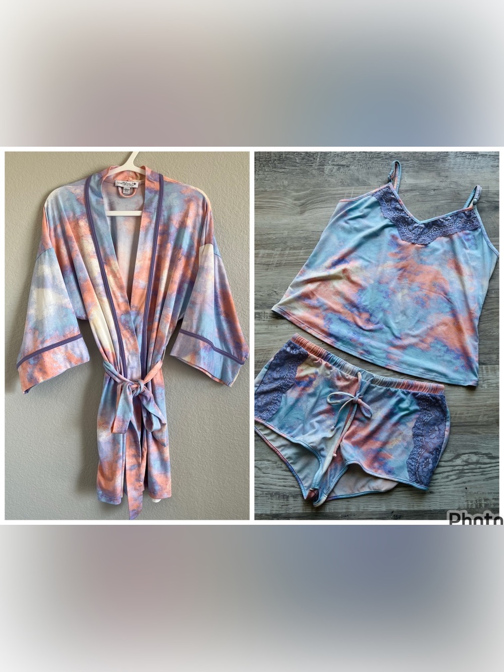 In Bloom by Jonquil 3 PC Set Wrap Robe Camisole Shorts Sz S Watercolor Tie-Dye